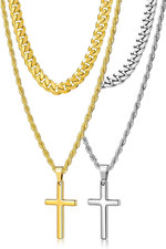 Men's 4-Piece Cross Necklace Set, Stainless Steel Layered Chains, Gift Boxed