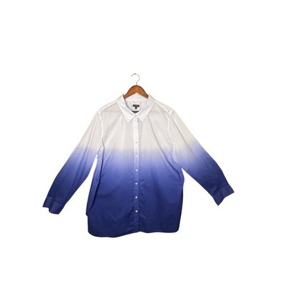 Talbots Woman Ombre Dip Dye Button Down Shirt Long Sleeve Blue White 2X Boho