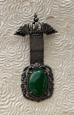 Vtg Victorian style  crow w/ Mesh Strap  /Green Glass Oval cabochon brooch Pin