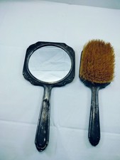 Vintage Silver Plate Hand Mirror Brush Set Art Deco Vanity 9.5"