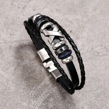 Black Leather Braided Multi Layer Metal Bead Bracelet Silver X Vegan