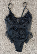 Vintage 80s Fredericks of Hollywood Black Lace Teddy Bodysuit Lingerie-Size Med