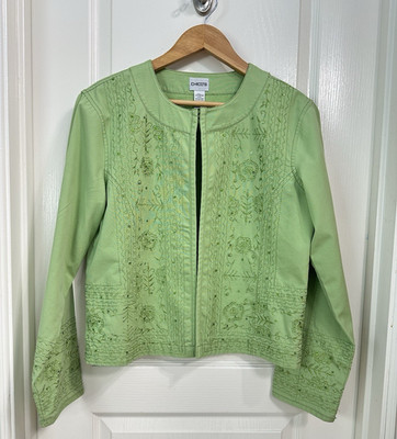 Chico's Embroidered Sequin Cotton Green Jacket Open Hook-Loop Size 2 Large (12)