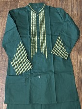 African Dashiki Outfit  Forest Green/Gold Long Shirt  Pants Set, Small, Men's
