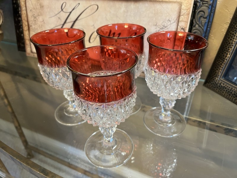 5 Kings Crown Cut Crystal Stemmed Glass Ruby Red Rim Wine Goblet Set
