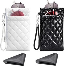 Double Eyeglass Case Glasses Case Soft with Carrying Strap Leather Eyeglasses