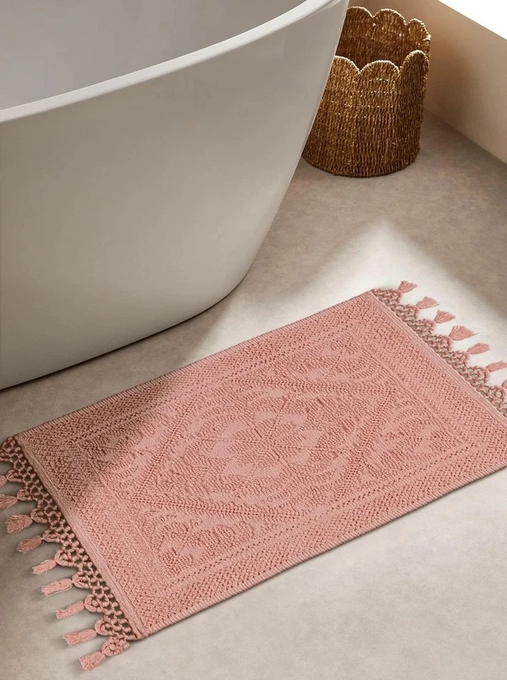 Juego de 2 alfombras de baño de jacquard tejido de algodón, alfombras de baño de flecos tejidos, 100 %... Foto 3 de 4