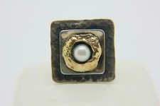    VINTAGE Modernist STERLING SILVER 14K YELLOW GOLD PEARL RING SZ 6.5 14g