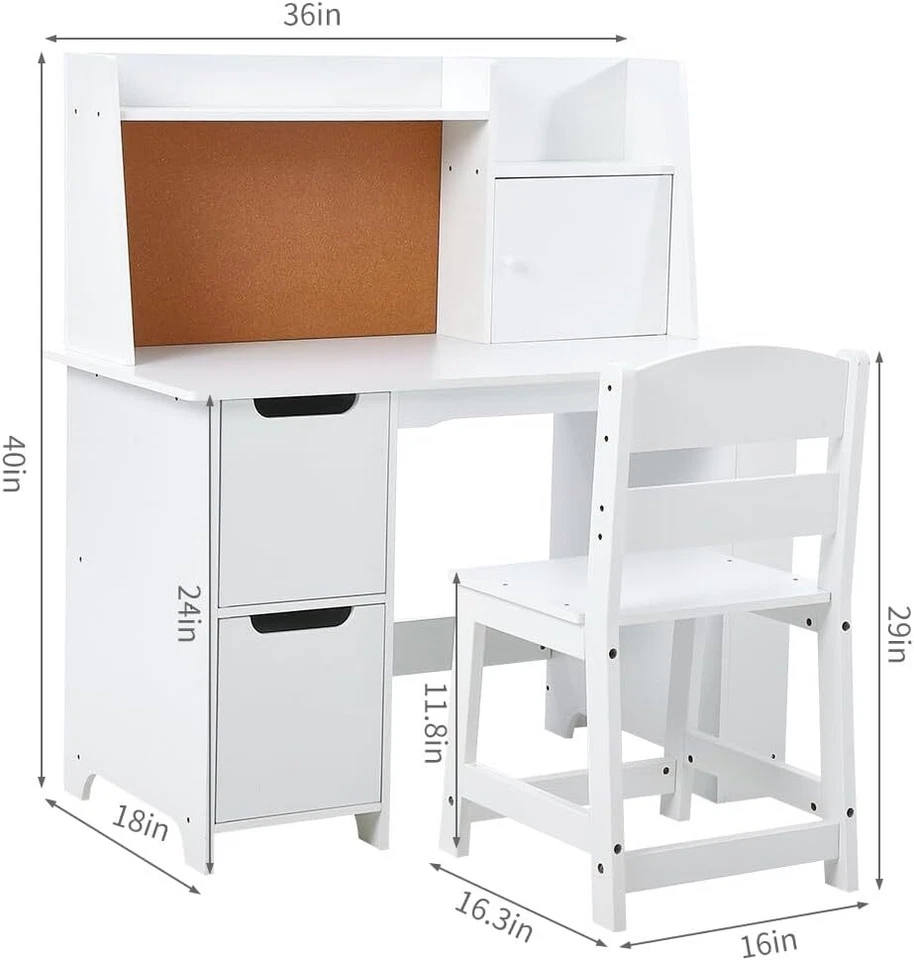 Juego de Escritorio y Silla de Estudio Blanco con Almacenamiento, Mesa de Aprendizaje Infantil para Niños Niñas Foto 3 de 4