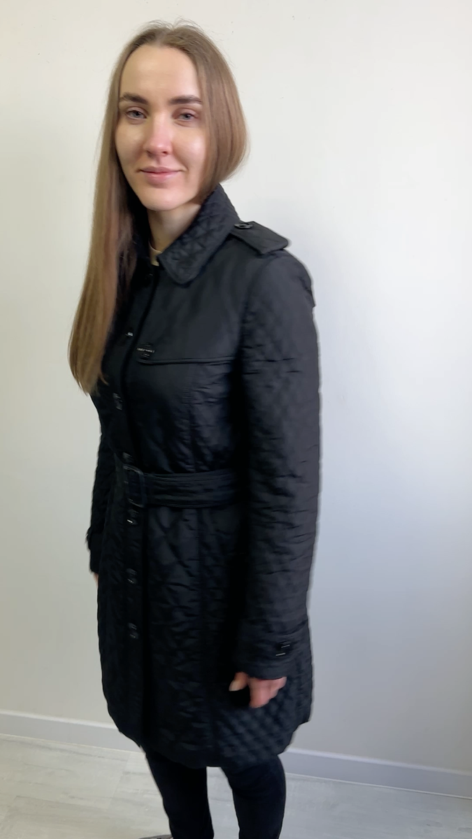 Women's BURBERRY London Quilted Long Trench Coat Belted RARE Black