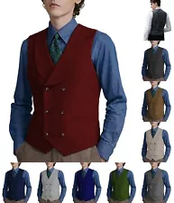 Shawl lapel Vests Mens Double-breasted Waistcoats Tweed Herringbone Wedding Wool