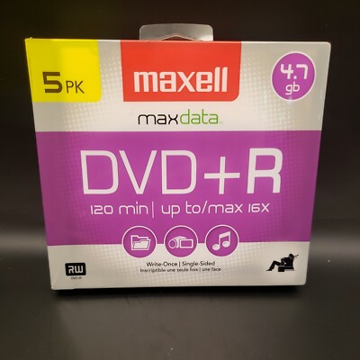 Maxell DVD + R Data Video Music 5 Pk 4.7 GB, 120 Min Up To/Max16X Single Sided