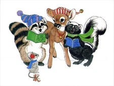 Cute Vintage CHRISTMAS Card, Mouse Racoon Deer Skunk Carols by Plus Mark 1980 +✉