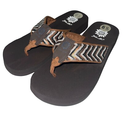 Yellow Box Flip Flops Brown Geometric Sequin Shiny Diagonal Wedge Sandals Pepper