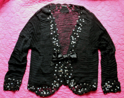 MICHAEL SIMON Black Crochet Cardigan Satin Tie Closure Shell Adorned 2X Sweater