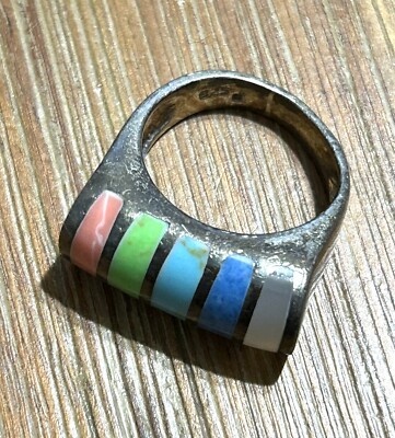 Vintage Multi Stone Mosaic Rainbow Inlay 925 Sterling Ring 5.8 Grams Size 5.5