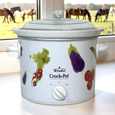 Vintage Rival 3040 Crock Pot 2.5 Qt Slow Cooker Vegetable Floral Pyrex Glass Lid