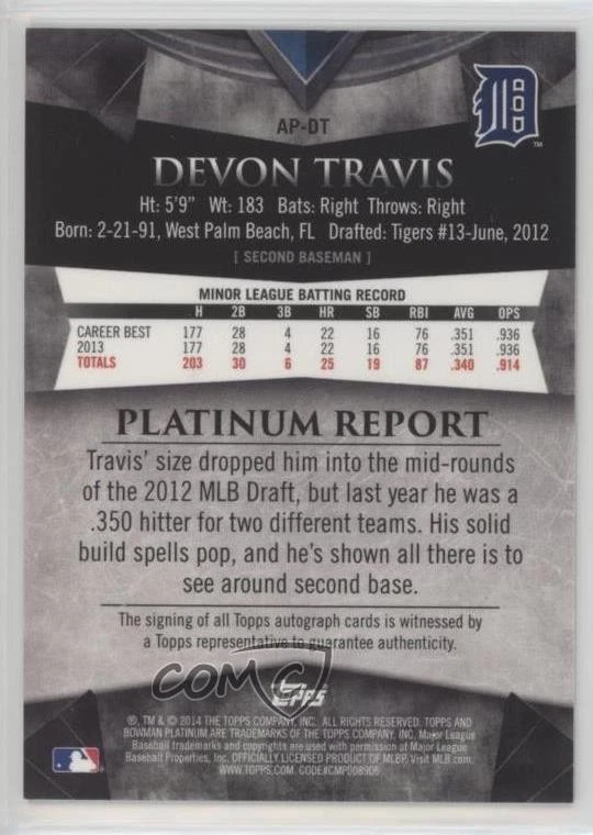 2014 Bowman Platinum Auto Prospects Devon Travis #AP-DT Auto - Image 2 of 2