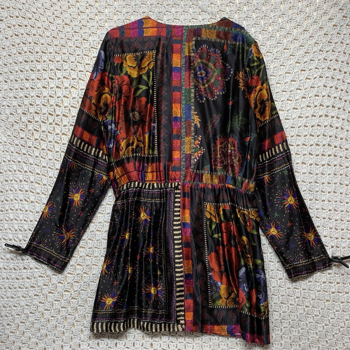 Farm Rio Mini Wrap Dress Women L Black Floral Mixed Arabesque Scarves Long  Slv | eBay