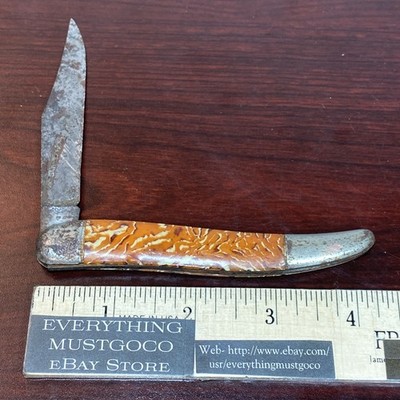 Vtg HAMMER BRAND USA TEXAS TOOTHPICK  POCKET KNIFE Orange White Brown Swirl