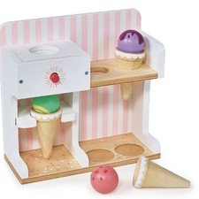 Toys - Ice Cream Kiosk - 7pc Wooden Play with Cornets Scoops - Press Drop...