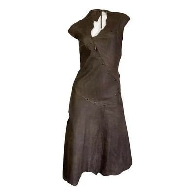 PLEIN SUD 2000s BROWN LEATHER PATCHWORK STUDDED MIDI DRESS