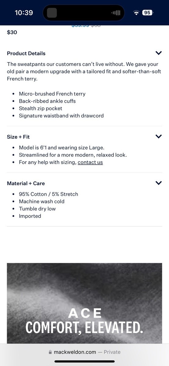 Mack Weldon Ace Sweatpants Mens Size XXL TALL Grey Heather