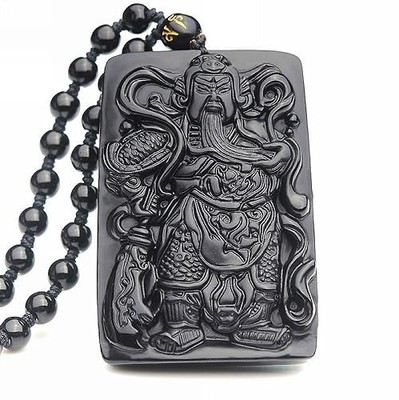 Natural Crystal Black ice Obsidian Dragon Subduing Guan Gong Guan Yu Dragon Neck