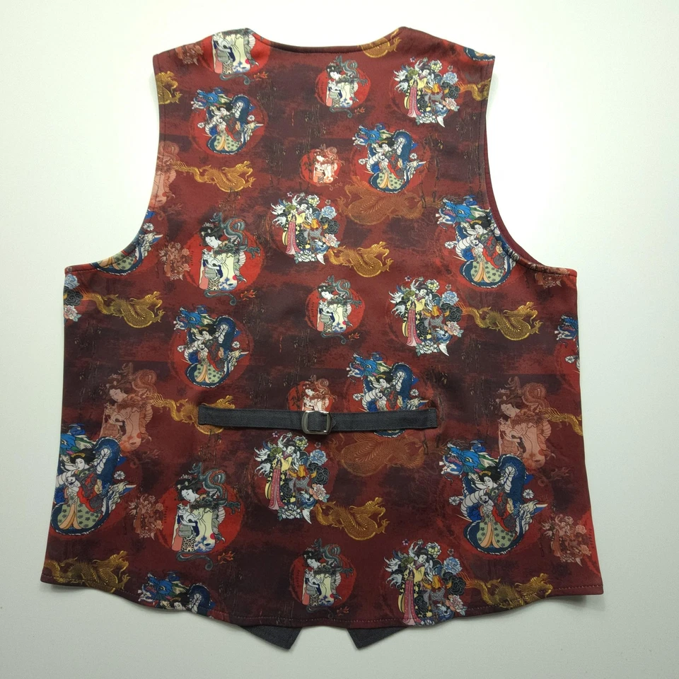 Aragaza Mens Vest XL Gray Burgundy Limited Edition Dragon Geisha Print Waistcoat - Image 2 of 4