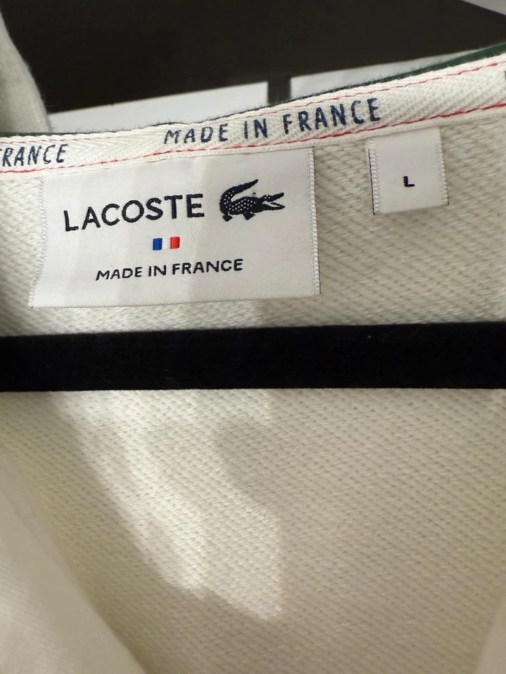 Lacoste "Made in France" L White Hoodie Striped Cuff Green Lined Cotton - Image 2 of 4