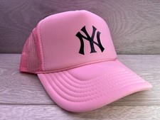 NEW YORK YANKEES PINK HAT 5 PANEL HIGH CROWN TRUCKER SNAPBACK THROWBACK