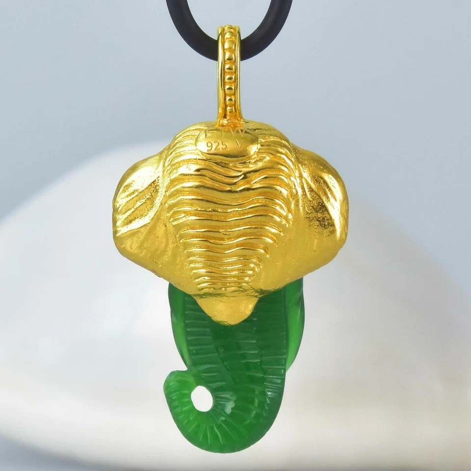 Gold Vermeil Sterling Smaragd Grün Chalzedon Asiatisch Elefant Anhänger 10.42 G - Bild 4 von 4