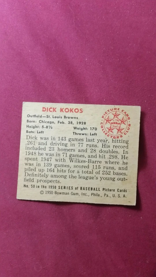 1950 Bowman #50 Dick Kokos, EX+/NM. * SALE * - Image 2 of 2