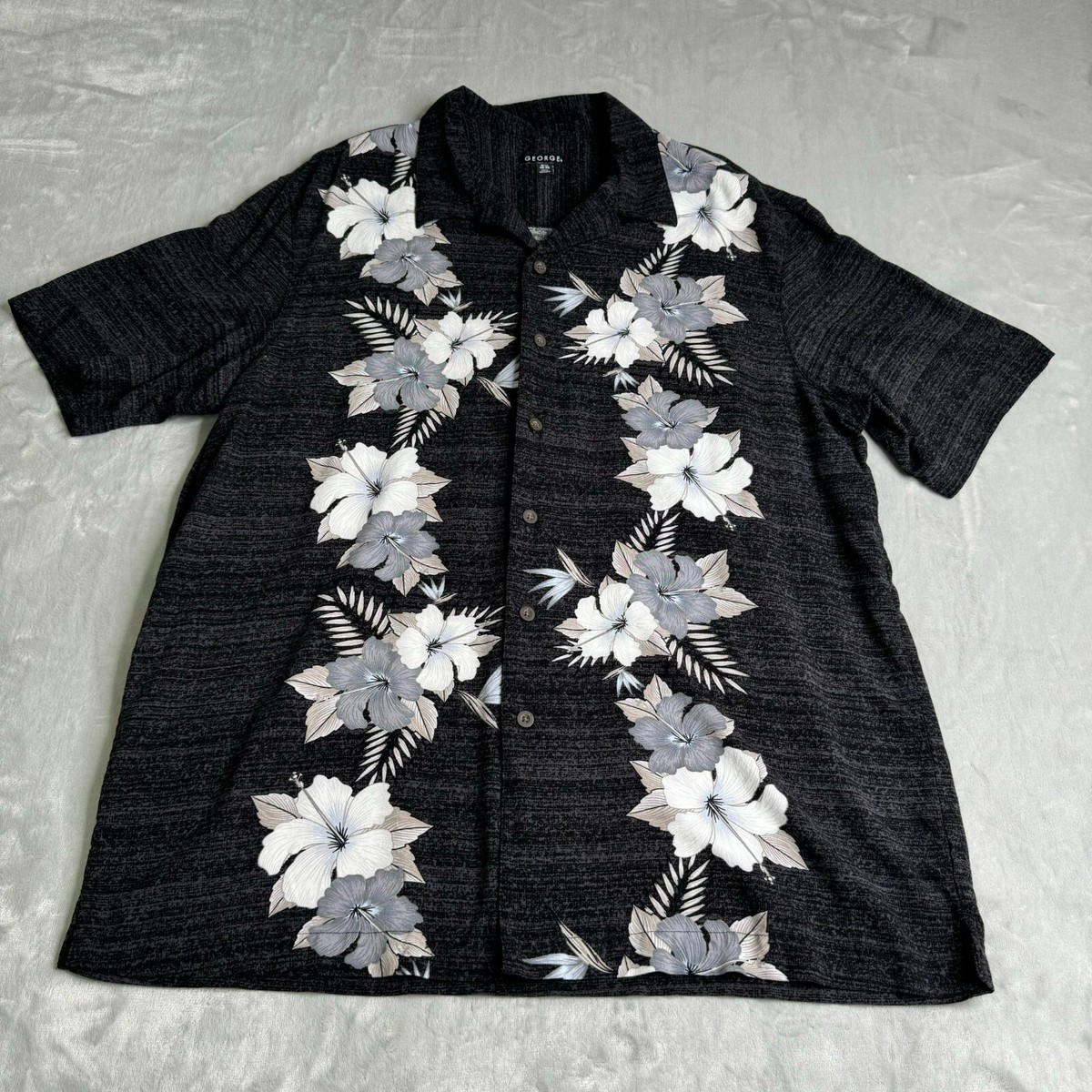 George Shirt Mens XL Black Gray Hawaiian Floral Short Sleeve