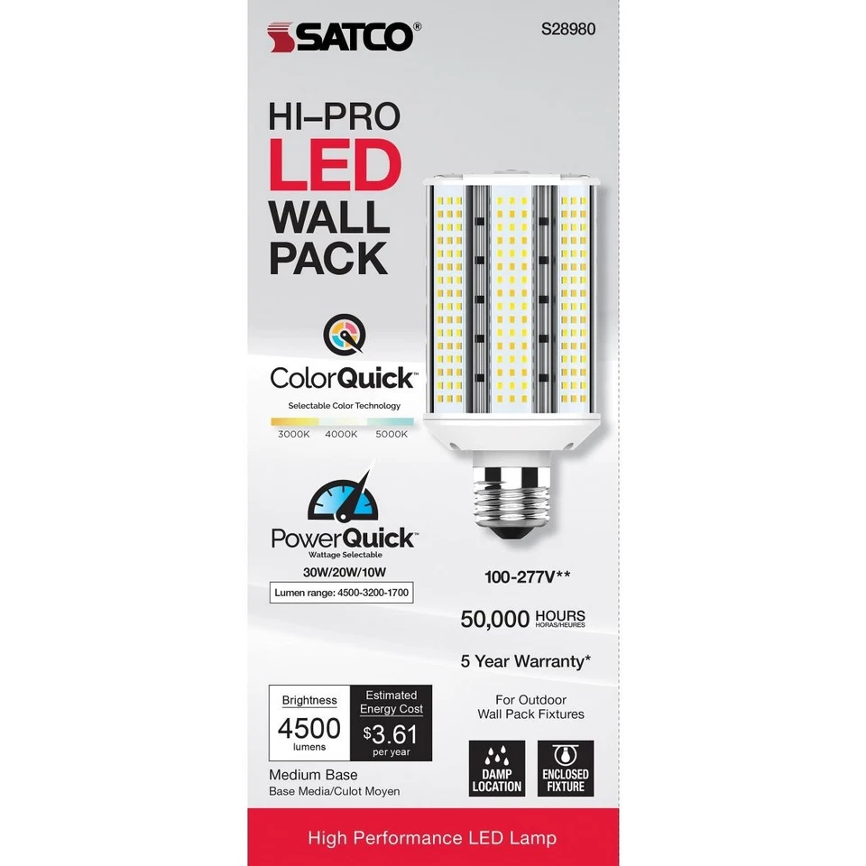 Satco S28980 - 10/20/30 Watt Selectable LED Hi Pro Bulb - ColorQuick Technology - Image 2 of 4