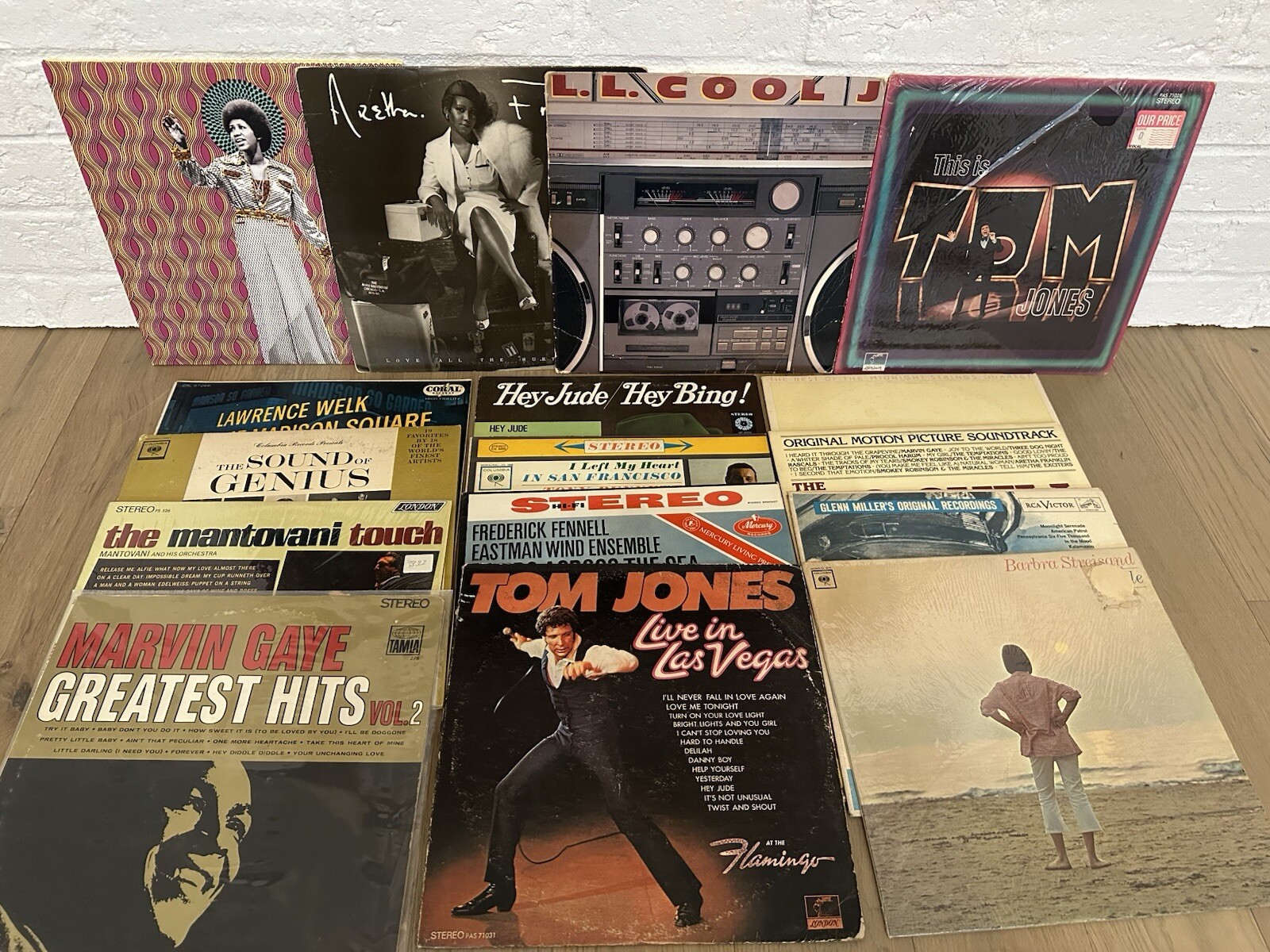 Lot of 16 Vintage Vinyl Records Featuring Tom Jones, Marvin Gaye, LL Cool J, Aretha Franklin, Bing Crosby