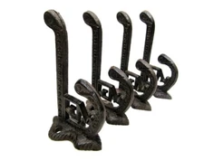 Set of 4 Antique Style Rustic Cast Iron Victorian Eastlake Coat Key Towel Hooks 