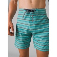 230505 NEW prAna FENTON AQUA BEACH STRIPE BOARD SHORT SZ 36 INSEAM 9