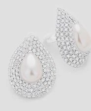 1.5" Big Clip On Stud Pearl White Silver Clear Crystal Rhinestone Earrings