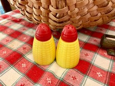 Vintage Ears of Corn Salt & Pepper Shakers, Lively Yellow with Red Tops, Plastic