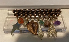 Vintage French Spring Loaded Hair Clip Barrette Bronze Tone With Dangle Charms