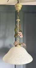Vintage French Chic Ceiling Light Toleware Pink Flowers Green Leaves Glass Shade