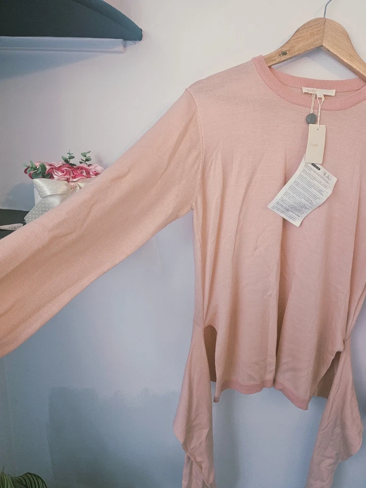 Maje 100% Wool Tie Waist Pink Jumper Size S Long Sleeve Belted Knit (RRP £195) - Image 2 of 4