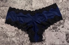 NWT VICTORIA'S SECRET M NAVY BLUE SATIN SMOOTH BLACK LACE RARE CHEEKY PANTIES