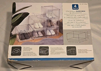 Stackable Shoe Box Organizer 4 Pack -  Clear Plastic - Front & Side Door Access