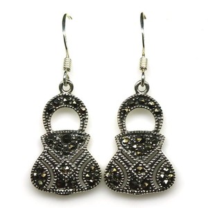 Authentic 925 Sterling Silver Black Color Marcasite Earrings White Gold Plated
