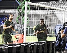 Larrys Mabiala Timbers Unsigned MLS is Back Header Goal Celebration Photo