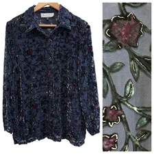 Vtg Travis Ayers Silk Sheer Purple Floral Velvet Burnout Button Up Blouse Sz 14