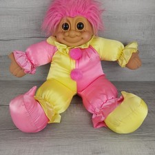 VTG Russ Berrie Troll Pink Hair Yellow Clown Jester Retro Plush Doll 23"