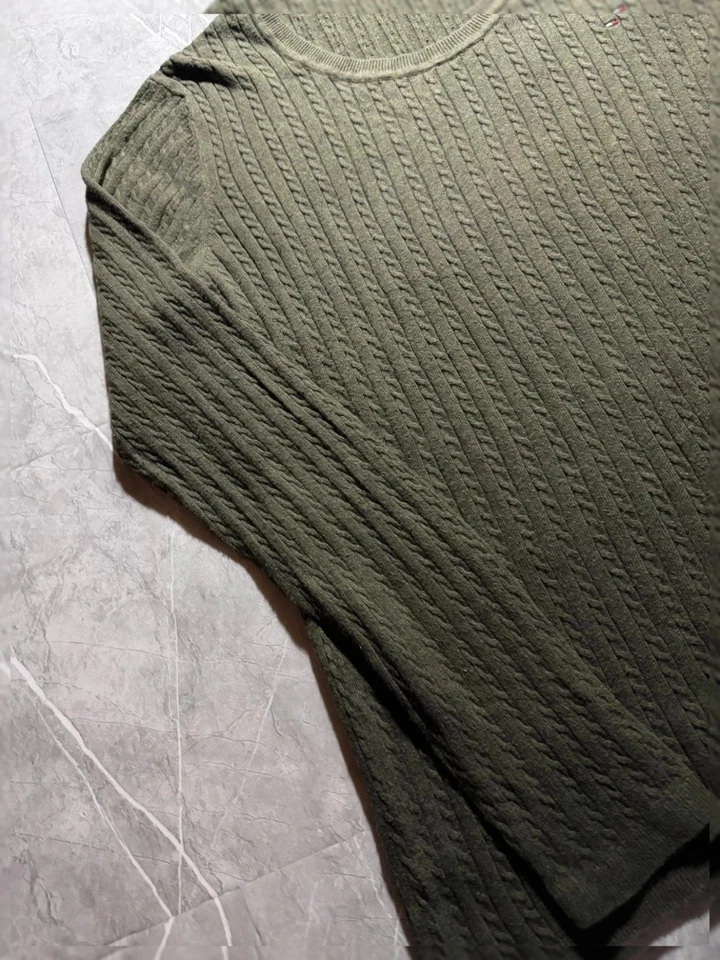 Pull Torsadé Tommy Hilfiger, Col Rond Crewneck, kaki, Logo Brodé #MPTM2 - Photo 3/4